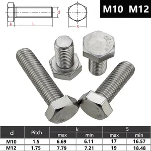 M10 M12 SCREWS LEFT HANDED FULLY THREADED HEXAGON HEAD BOLTS A2 STAINLESS STEEL - Picture 1 of 5
