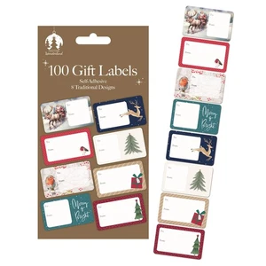 100 Christmas Gift Labels Traditional Design Self Adhesive Stickers Present Tags - Picture 1 of 4