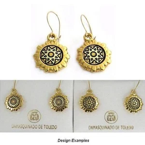 Damascene Gold Star Design Round Drop Earrings by Midas of Toledo Spain - Picture 1 of 1