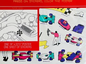 Vintage 1989 Hallmark Racing Cars Sticker Coloring Poster New Sealed - Picture 1 of 3