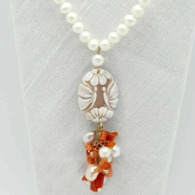 COLLANA IN PERLE BAROCCHE E CORALLO CON CAMMEO , COLLANA IN ARGENTO DORATO - Immagine 1 di 3