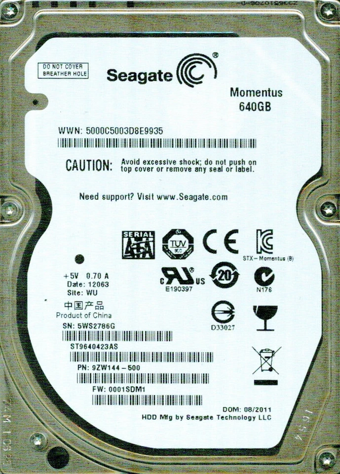 SEAGATE SATA 640GB ST9640423AS P/N 9ZW144-500 F/W 0001SDM1  WU  5WS - Image 1 of 1