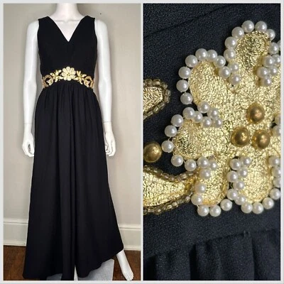 Vtg 1960s 1970s Black Wide Leg Jumpsuit Gold Floral Embellishment 60s Cocktail - Image 1 of 4