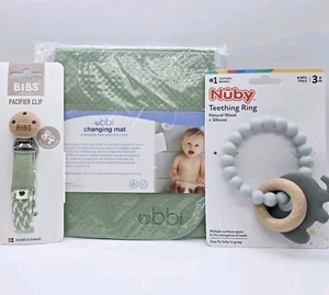 3-Pack Nuby Elephant Teething Ring, Bibs Pacifier Clip & Ubbi Soft Changing Mat - Picture 1 of 18