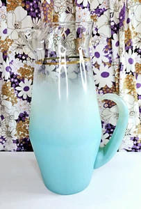 Vintage 1950's Blendo Blue Frosted Ombre Glass Pitcher Gold Trim MCM Home Decor - Picture 1 of 10