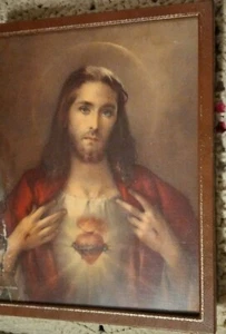 SACRED HEART JESUS ORNATE GOLD TONE FINISH RELIGIOUS original framed print Italy - Picture 1 of 11