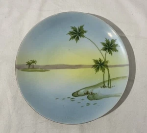 VTG Nippon Porcelain Hand Painted Plate Tropical Blue Crown Mark Palm Trees 8" - Picture 1 of 8