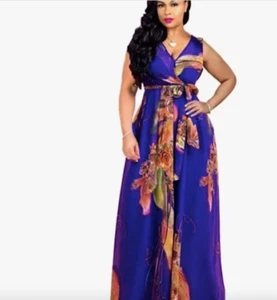 Womens Dark Blue Chiffon V-Neck Floral Print Sleeveless Party Maxi Dress - Picture 1 of 3