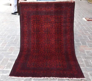 Alfombra de lana tradicional geométrica roja 4x7 afgana anudada a mano Bokhara - Imagen 1 de 12