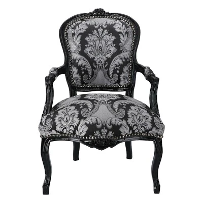 Poltrona Sedia in legno laccata nera con braccioli e tessuto damascato nero fan - Immagine 1 di 4