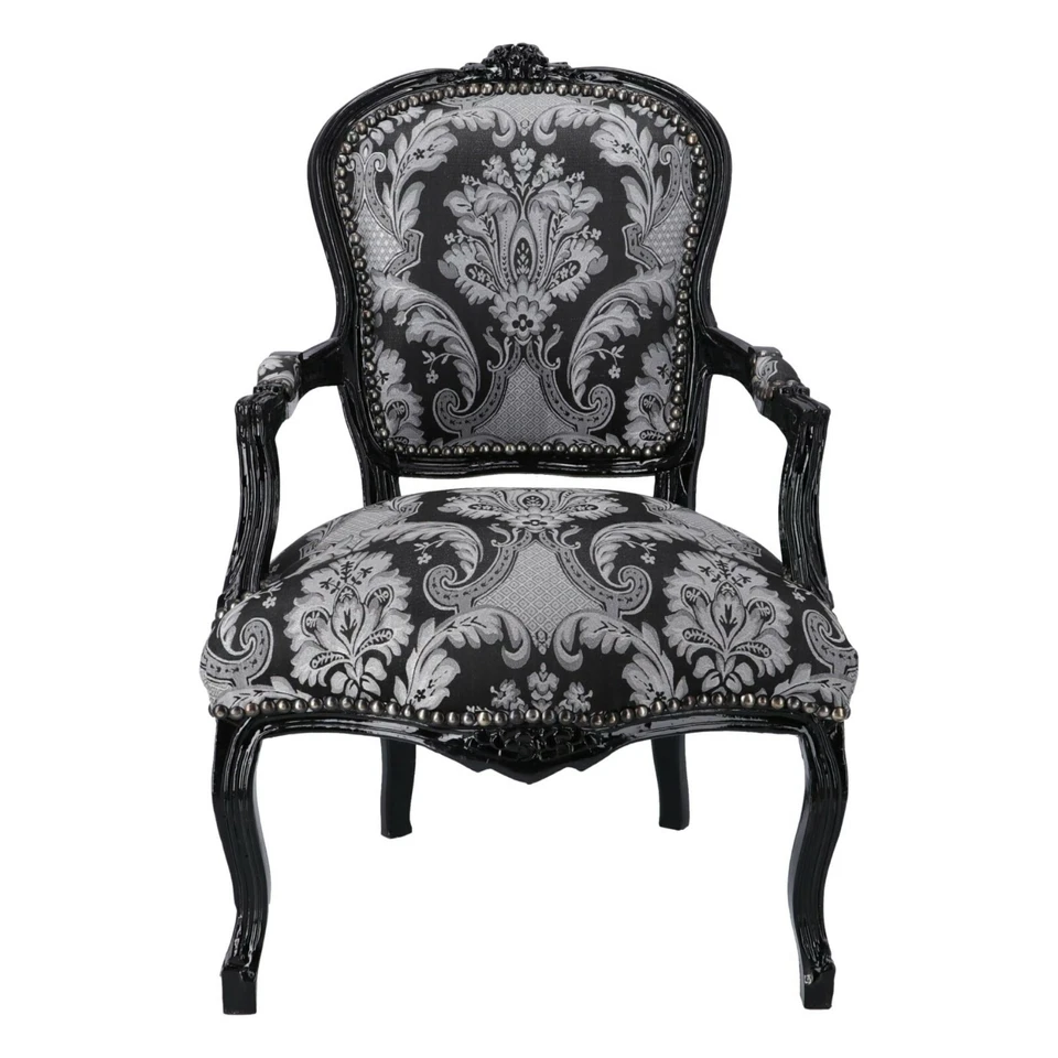 Poltrona Sedia in legno laccata nera con braccioli e tessuto damascato nero fan - Immagine 1 di 4