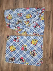 Vintage 1995 Looney Tunes Twin Sheets Set - Flat & Fitted Plaid Bugs Taz Tweety - Picture 1 of 6