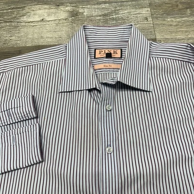 Thomas 粉色男式 17.5 44 蓝色紫色条纹修身法式袖口正装衬衫 — 第 1/4 张图片