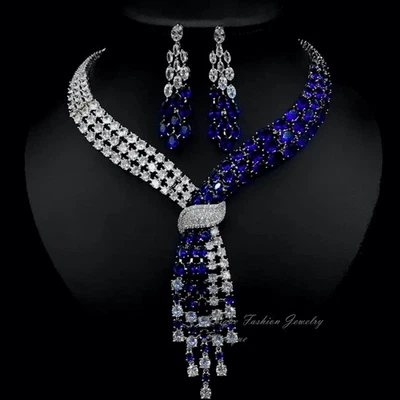 18k White Gold Filled Lab-Created Blue Sapphire Necklace Earrings Set Gorgeous - Image 1 of 4