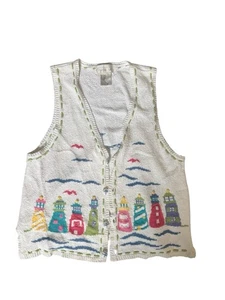 VTG Mandal Bay Lighthouse Sweater Vest Coastal Grandma Nautical Knit L. Crochet - Picture 1 of 6