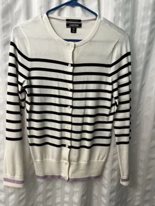 Women's Lands End White Purple Striped Cardigan Sweater Supima Cotton XS 2-4 - Picture 1 of 4