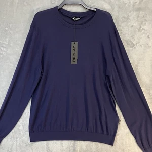 Replay Jumper Mens Blue Cotton Pullover Knit Jumper Size 2XL NWT - Picture 1 of 8
