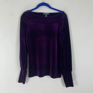 Lauren Ralph Lauren Petite Samt Top Lila Langarm U-Boot Ausschnitt Bluse PL - Bild 1 von 8