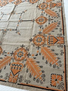 Tovaglia vintage tutta fatta a mano Nat in lino marrone cucito a croce e orlo 50x49" - Foto 1 di 14