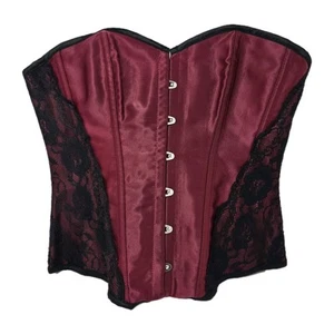 Red with Black Lace Boned Corset Top Size Large Lace Up Sexy Coquette Ren Fair - Picture 1 of 14