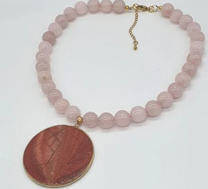 Red Jasper and Rose Quartz 18K Gold Plt Choker Statement Necklace - Picture 1 of 3