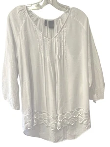 New Directions Blouse Women Large White Pintucks Lace Boho Cottagecore Peasant - Picture 1 of 8