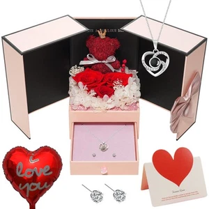 Preserved Rose Bear Gifts Set Includes Necklace with Heart-Shaped I Love You ... - Picture 1 of 7