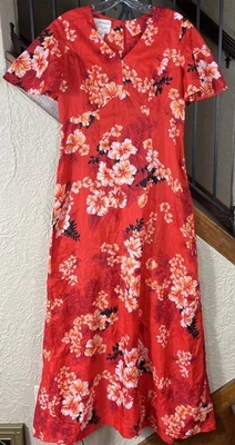 Maxi Vestido Para Mujer De Colección Real Hawaiano Rojo Floral Manga Corta 12 Foto 1 de 4