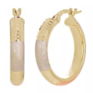 Italienische 14k dreifarbige Gold Satin & Diamant geschnittene Ohrringe 20 mm x 3,8 mm 2 Gramm - Bild 1 von 5