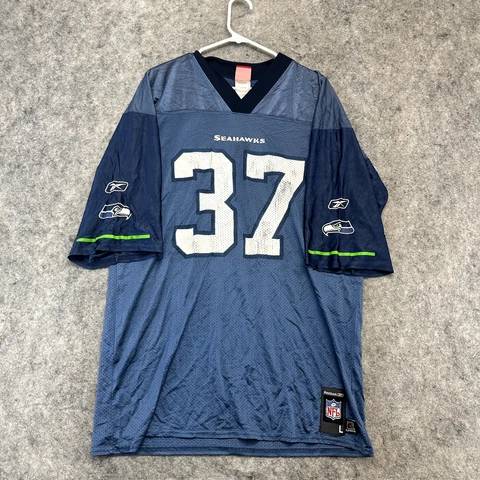 Seattle Seahawks Jersey Mens Large Blue White Shaun Alexander #37 Reebook Cover