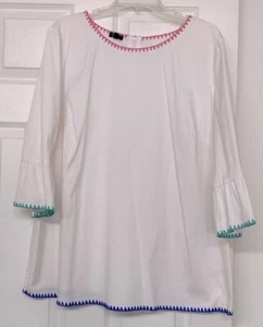 Talbots Colorful Embroidery Stitching White Ladder Blouse Top Bell Sleeves Sz 2X - Picture 1 of 6