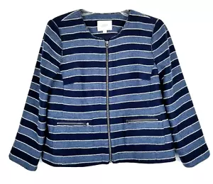 Loft Blazer Women Size 6P Blue White Full Zip Striped Jacket Lined - Picture 1 of 11