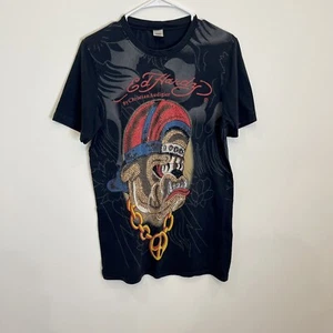 Ed Hardy Y2K Shirt Mens Size M Black Red Rhinestone Bulldog Vintage Grunge - Picture 1 of 9