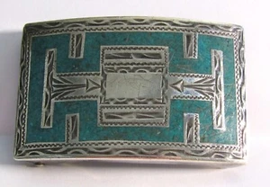 PLATA DE JALISCO MEXICO STERLING SILVER & INLAY TURQUOISE BELT BUCKLE (3.25") - Picture 1 of 4