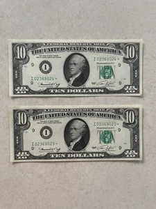 Qty (2) NU 1974 $10 Dollar Bills w/ Star & Consecutive Serial Numbers - Picture 1 of 14