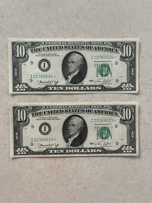 Qty (2) NU 1974 $10 Dollar Bills w/ Star & Consecutive Serial Numbers - Image 1 of 4