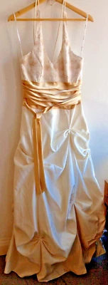 Blondie Nites By Linda Bernell Prom Evening Dress Ruched Ivory With Gold Size 12 - Image 1 of 4