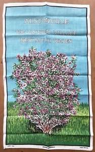 Vintage Linen Tea Towel Australia Alstonville Garden Village NSW Tree Floral  - Picture 1 of 3