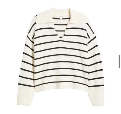 Suéter Aerie XXL de gran tamaño de cachemir cuadrado blanco roto negro y rayas con cuello Foto 1 de 4
