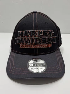 NEW ERA 39THIRTY Harley Davidson Men Stretch Fit Black Orange Baseball Hat M/L - Picture 1 of 8