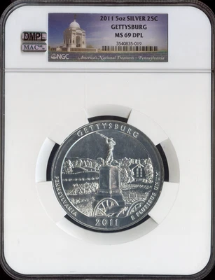 2011 GETTYSBURG PARK  5 OZ SILVER QUARTER NGC MS69 DPL MAC FINEST & SPOTLESS . - Image 1 of 2