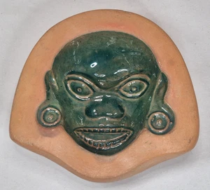 Texcoco Handmade Pottery Green Glazed Ehecatl Quetzalcoatl Approx. 4" x 4" - Picture 1 of 9