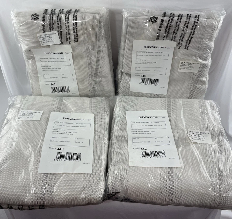 Set of Four ( 4 ) Devon Dining Chair Slipcovers in Fabric Modena Snow- NEW - Image 1 of 4
