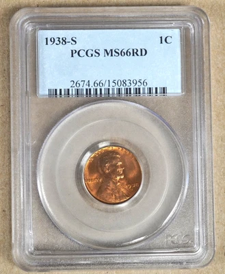 1938-S LINCOLN WHEAT CENT PCGS MS66RD 083956 - Image 1 of 2