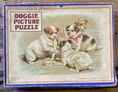 Rompecabezas antiguo con imagen de perro de Milton Bradley Co Foto 1 de 2