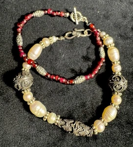 Vintage Toggle Beaded Garnet Pearl & STERLING Bracelet Set Of 2 - Picture 1 of 5