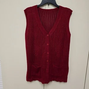 Vintage Knit Sleeveless Cardigan Red M/L Longline Sweater Vest Pointelle Pockets - Picture 1 of 9