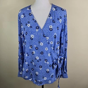 Talbots Womens Top XL Blue Floral Long Sleeve V Neck Wrap Blouse Shirt New - Picture 1 of 18