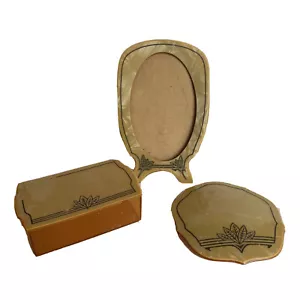 Bakelite Celluloid Vanity Dresser Set box photo frame jar top harvest gold leaf - Picture 1 of 12
