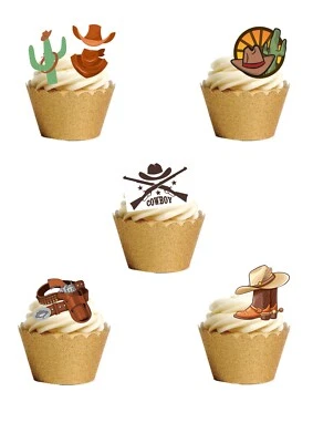Cake Toppers Cowboy Themed 30 Stand Up Edible Wafer Paper Decorations - Image 1 of 4